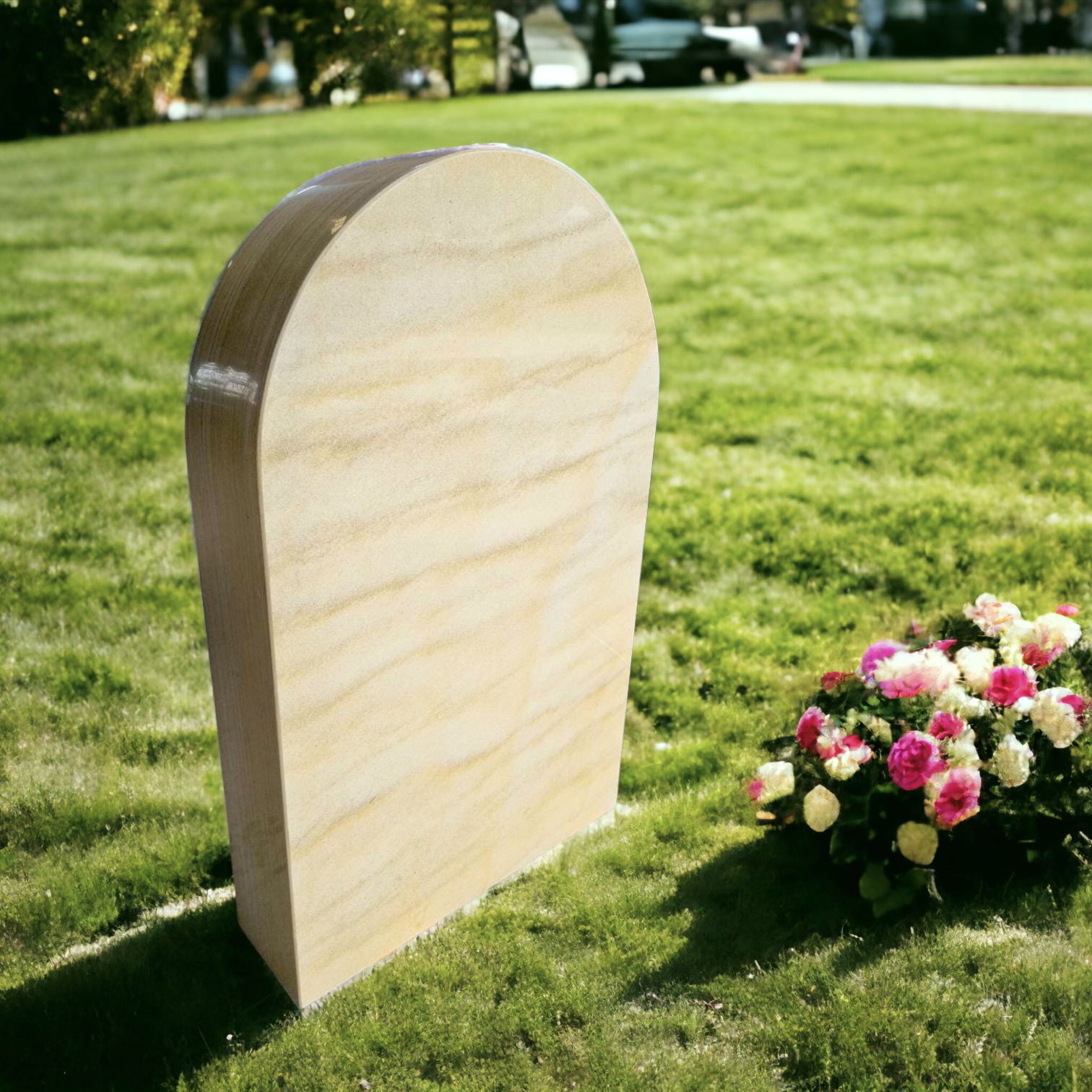 Sandstone-finish arched memorial marker on lawn